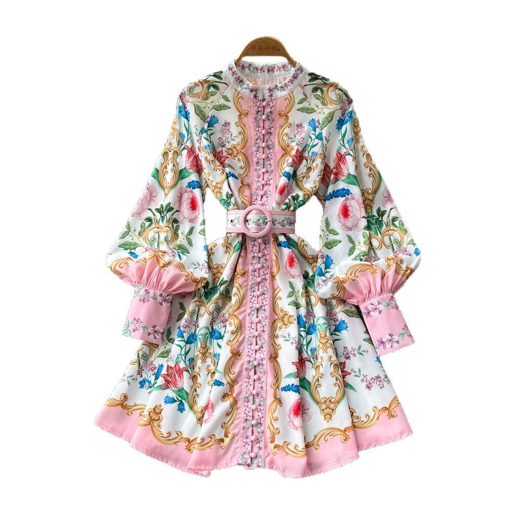 Court style V-neck lantern sleeve printed dress women's spring and summer waist thin A-shaped skirt commuting