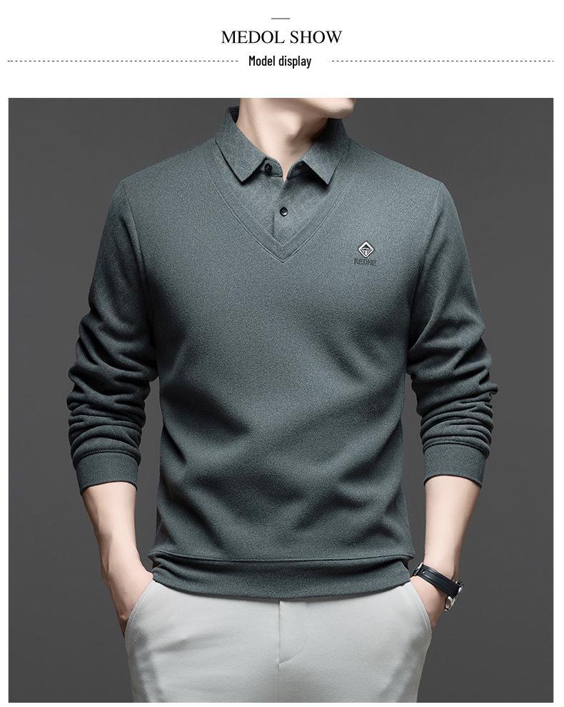 Men's Middle-Aged & Elderly Business Casual Faux Two-Piece Sweater - Warm, Velvet-Enhanced Knit Base Layer with Lapel
