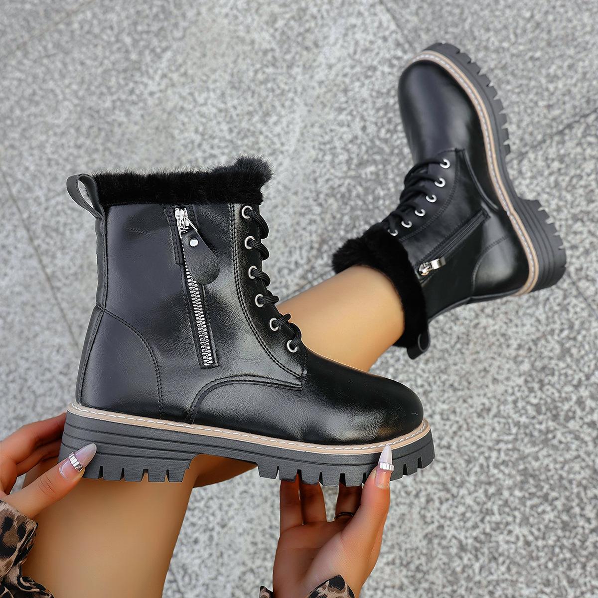 

Мода 2025 Осень/Зима новые универсальные хлопковые ботинки, мотоциклетные ботильоны на толстой подошве, цветные, на шнуровке спереди, женские ботинки, la 42 чёрный