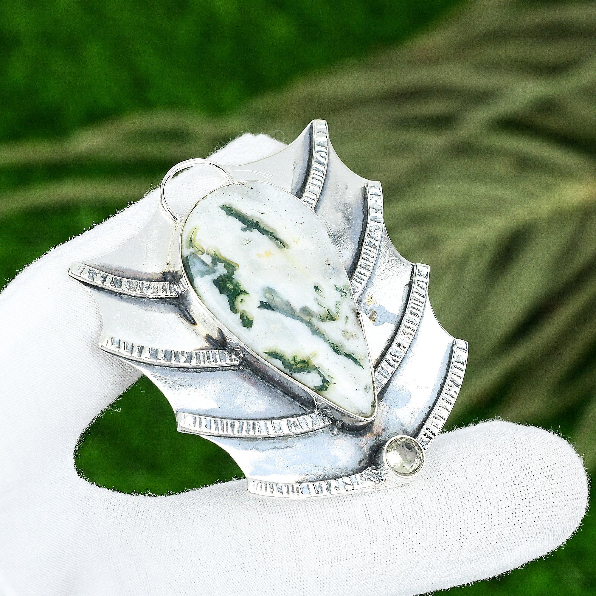 

Easter Deal 925 Silver Pear Tree Agate Gemstone White Topaz Boho Pendant Jewelry