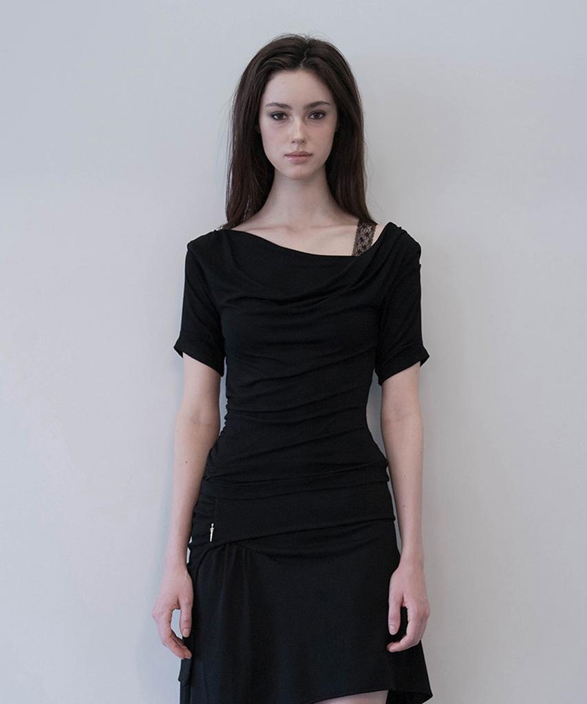 Demio Draped Lace-Trim Top (Black)