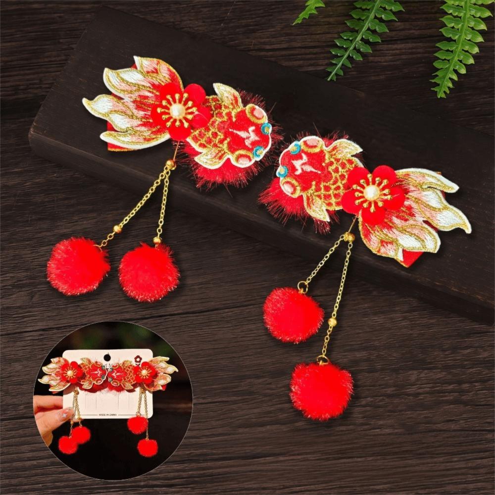 1 Pair Flower Hanfu Red Hair Clips Pearl Bow Tassel Hairpin New Year Headwear  Children