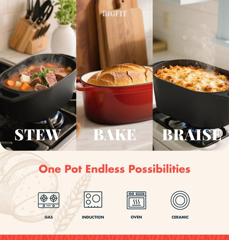 Pentola Olandese per la Cottura del Pane Stampo per Pane a Lievitazione Naturale 2 in 1 Ghisa Ovale Pentola Olandese e Padella 3.6Qt Pentola per Stufati per Stufare Stufati Arrostire