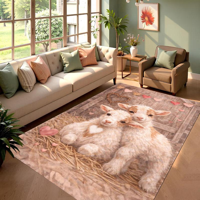 Cute Twin Lambs Area Rug 3D Farm Animal Print Soft NonSlip Floor Mat for Living Room Bedroom Kids Room Nursery Cottage Decor