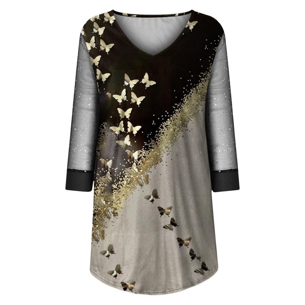 Women's Fashion Casual Long-sleeve V-neck Sexy Mesh Printing Stitching Dress