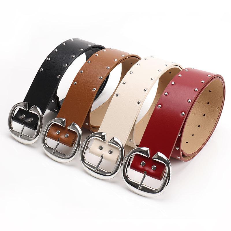Hop Hip Inspired Women Leather Belt With Double Row Rivets And Large C Buckle