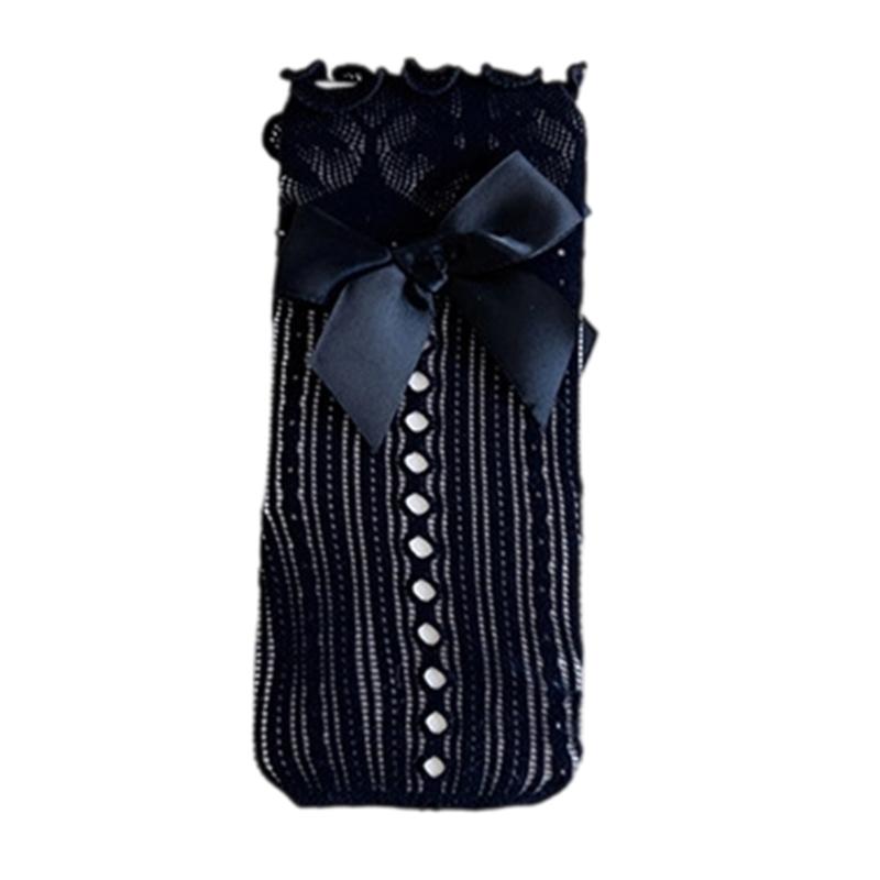 Breathable Middle Calf Socks For Girls Ruffle Trim Bowknot Accents Soft Casual Party Wear Lace Knee Length Stockings