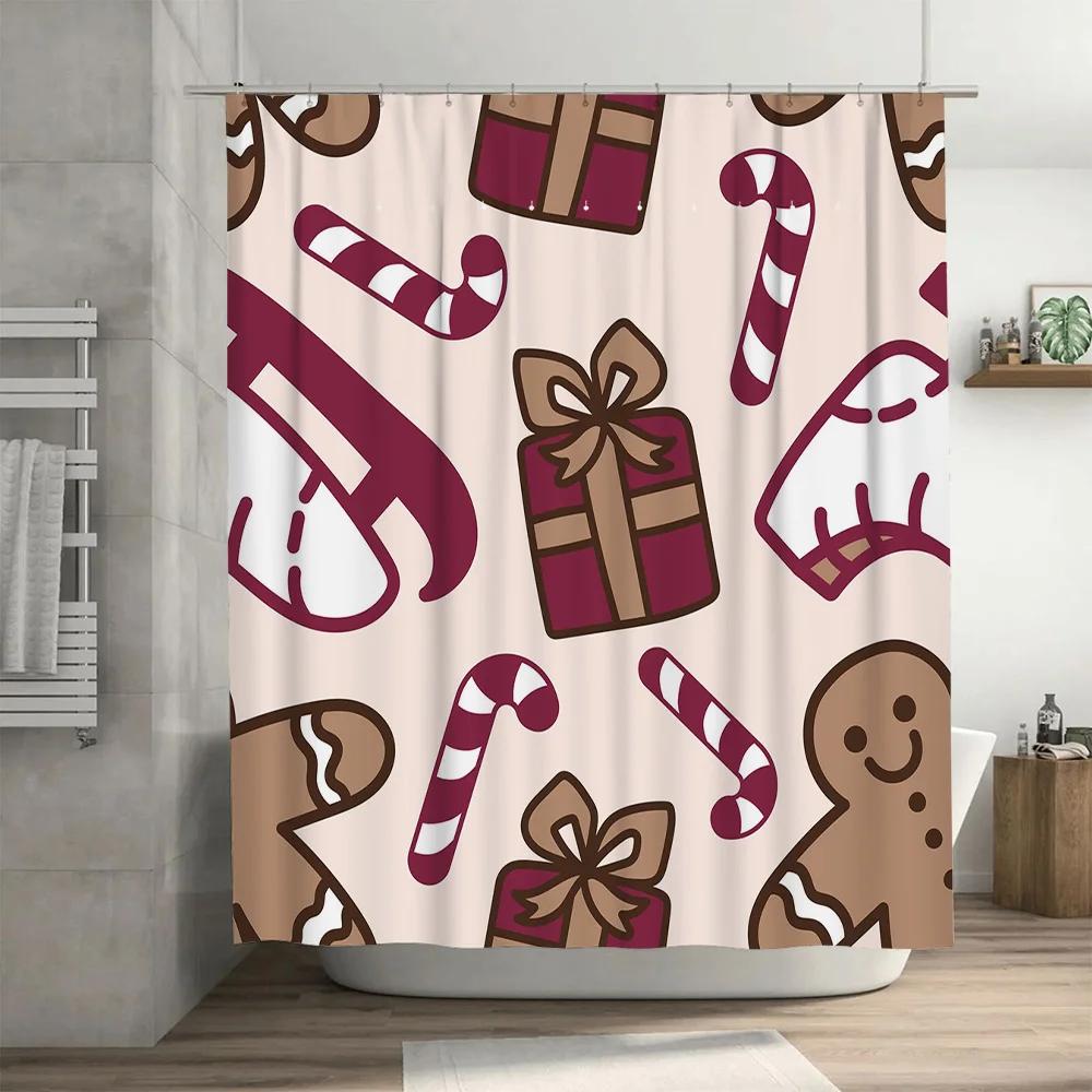 Christmas-themed shower curtain with candy cane design Pink and brown color scheme for bathroom decor accessories