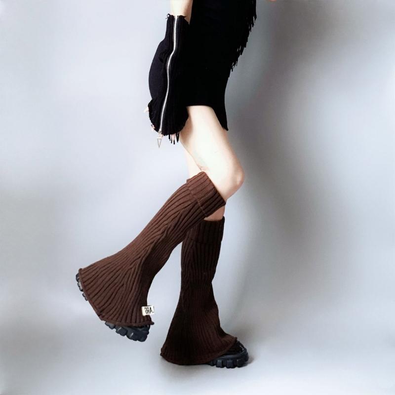 Harajuku Women Autumn Vintage Flared Leg Warmers Socks Gothic Punk Letters Label Ribbed Knitted Foot Covers Streetwear