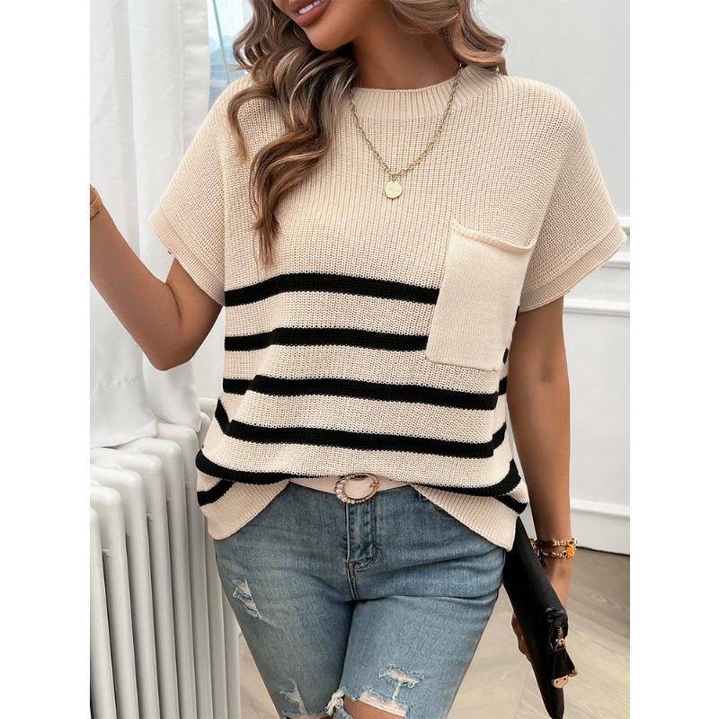 Tops Women's Elegant Round Neck Striped Contrast Short-sleeved Sweater