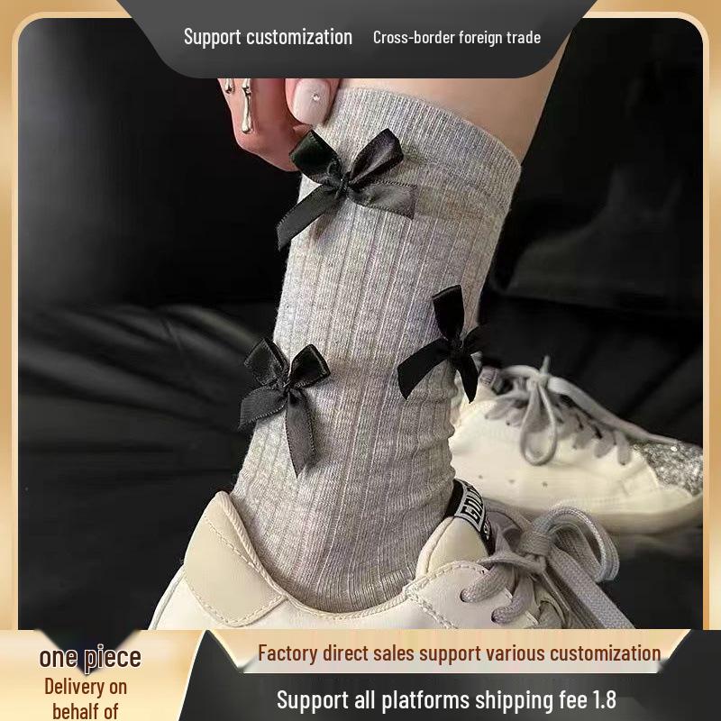 Ballet Style Fairy: Women's Spring/Summer Cotton Mid-Calf Socks with Bow - Black, White, Grey