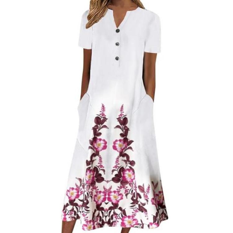 Long T Shirt Dress for Women Summer Casual Button Up V Neck Short Sleeve Printed Maxi Swing Beach Sundress