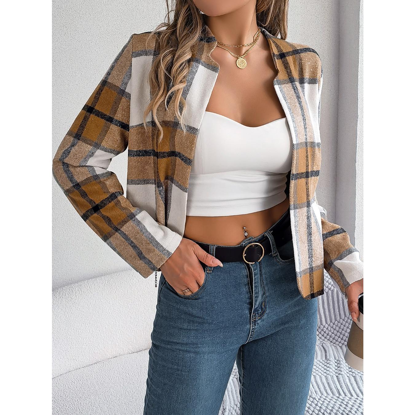 

QICED Autumn and Winter Casual Plaid Long-sleeved Woolen Jacket Women s Wear S хаки