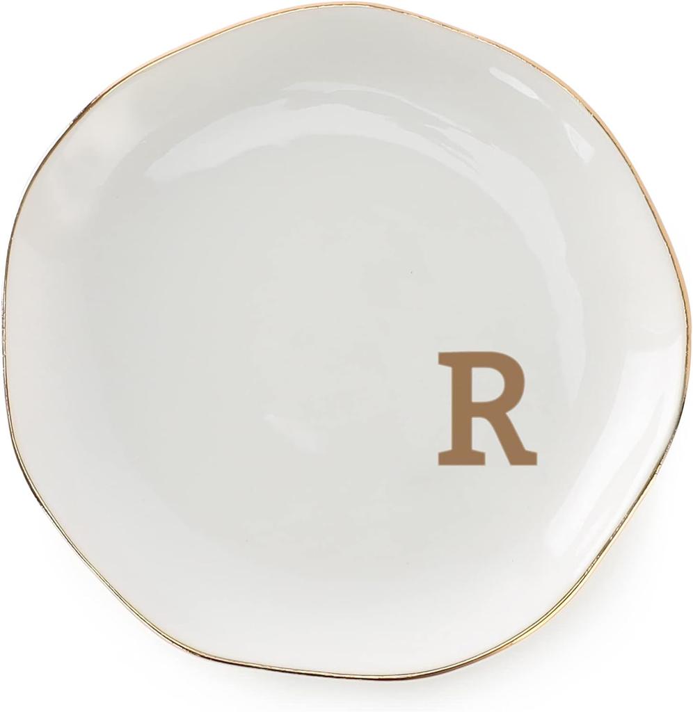 Initials Ring Dish Jewery Tray with Personalized A-Z Monogrammed Gifts Wedding Engagement for Women Friends sister,Ceramic White
