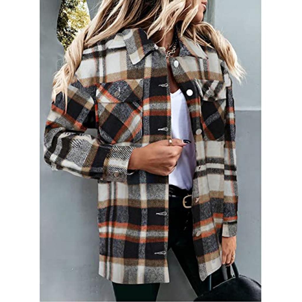 Women's Fall Winter Plaid Wool Blend Shirt Jacket, Long Sleeve Loose Button Down Coat With Pocket, European American Style Casual Outerwear