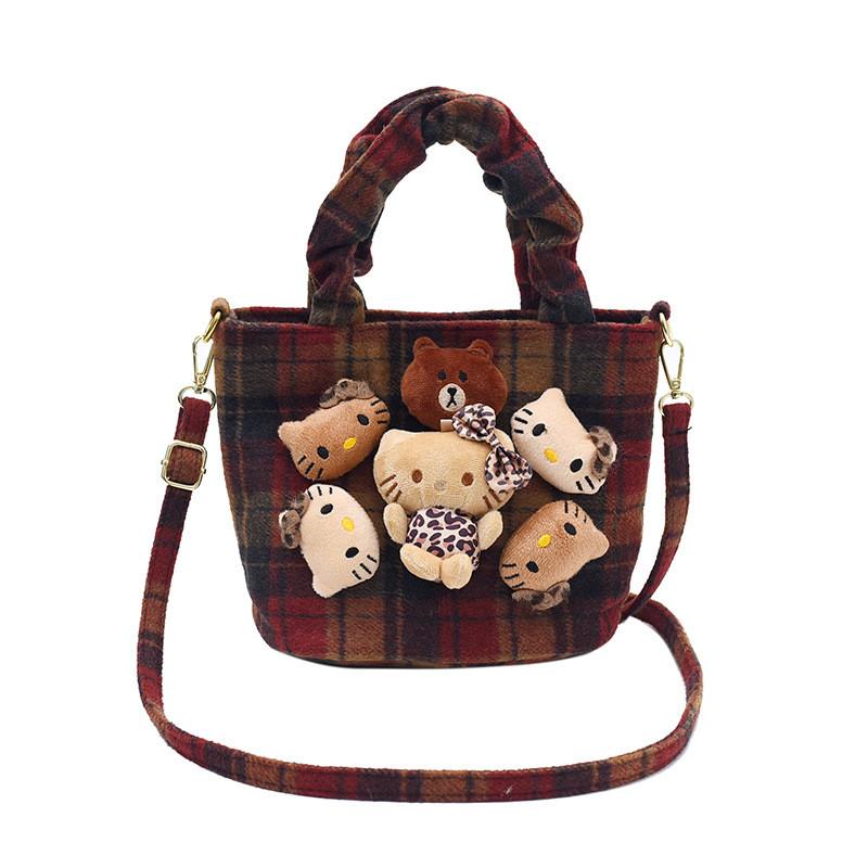 IELGY Fashion Cute Doll Handbag Autumn Winter Woolen Check Bucket Bag Large Capacity Crossbody Bag