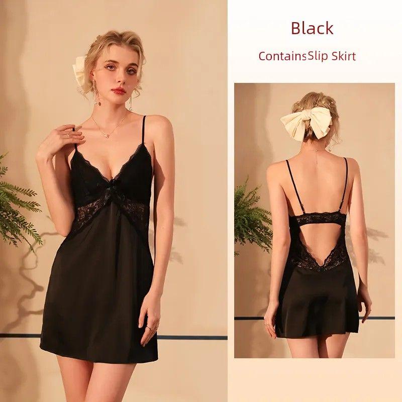 

New Arrival Temptation Ice Silk Nightdress/Hot Open Back Deep V Suspender Skirt-Sexy Sexy Skirt/Date Slip Dress Black L