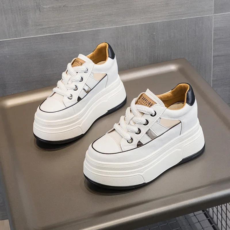 Fashion 9cm Genuine Leather Platform Sneakers Wedge Shoes for Women Breathable Sneakers Autumn Casual Shoes Hidden Heel Zapatillas Mujer