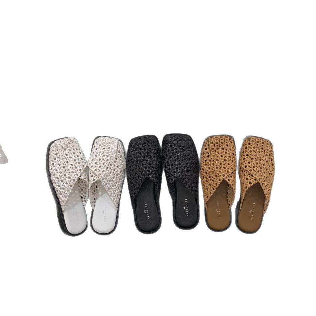 2025 Summer New Woven Breathable Square Head Slippers Bohemian Ethnic Style Hollow Bag Head Cool Slippers