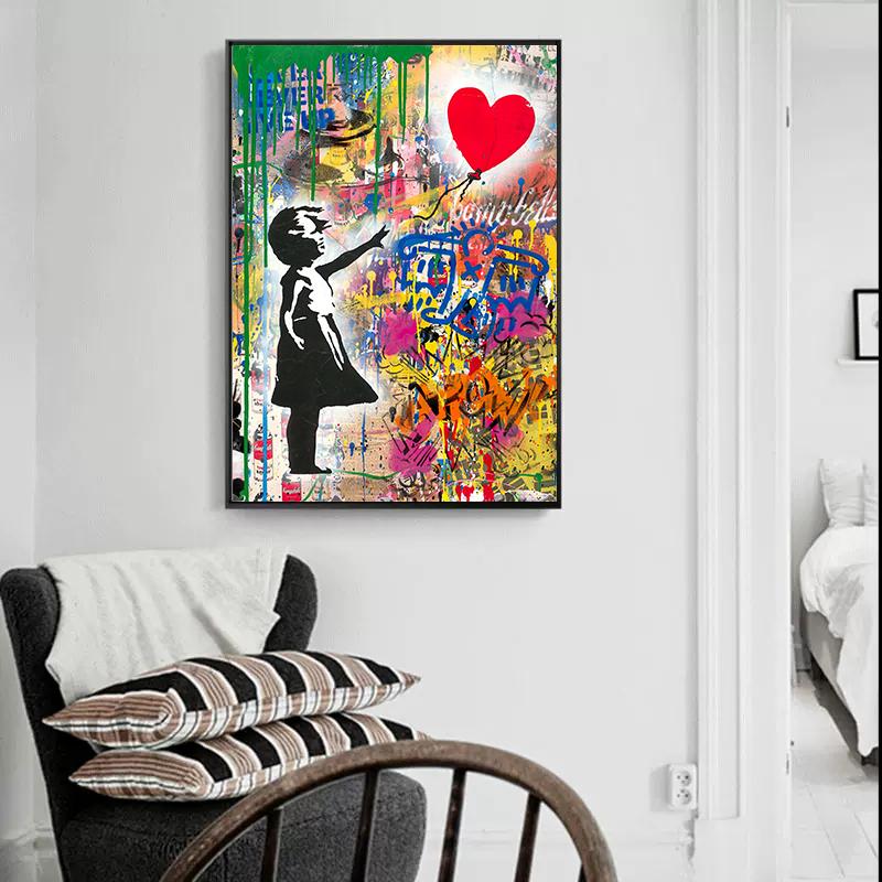Banksy Art Graffiti-Leinwandgemälde, abstraktes kleines Mädchen mit Ballon, Poster und Drucke, Pop-Street-Wandkunst, Bild, Heimdekoration