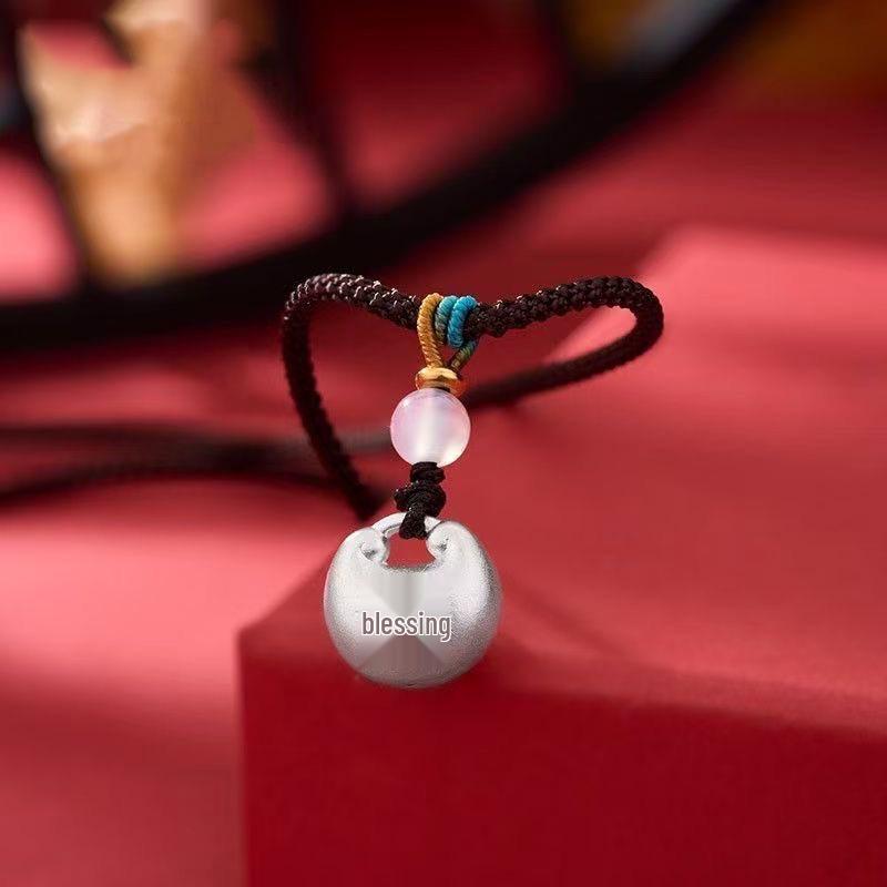 S999 Sterling Silver Chubby Fu Pendant: Unisex Chinese Ruyi Lucky Bag Lock Necklace