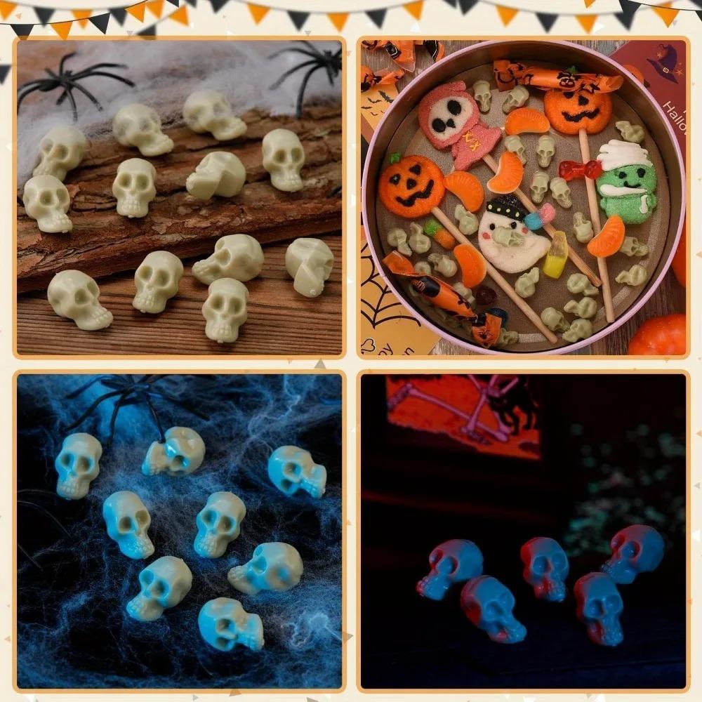 100PCS Mini Scary Skull Heads Statue Luminous Plastic Halloween Skull Miniature Figurine Pranky Prop Micro Landscape