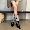 Luxury Pointed Toe Western Cowboy Boots Women  New Retro Knight Boots for Women Leather Splicing Chunky Heel Mid Calf Boots