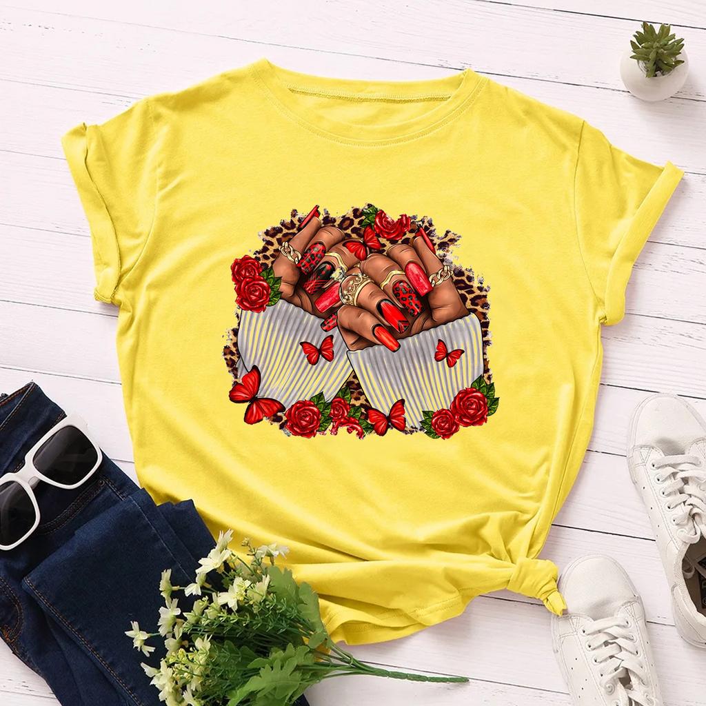 Black Girl Nail Art Pattern Printed T-Shirt Women Retro White Minimalist T-Shirt Summer Round Neck Casual Women'S Shirt Tops