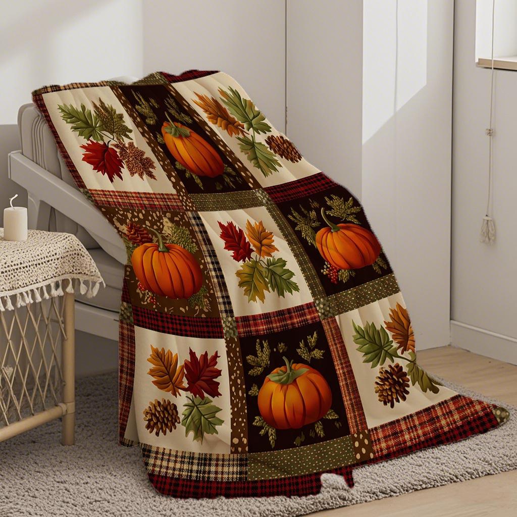 A Plaid Pumpkin Patchwork Print Flannel Blanket, Soft, Lightweight, and Comfortable for All Seasons. Perfect for Travel, Sofa, B