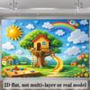 2D Rainbow Tree House Backdrop, Kids Playground Themed Background for Baby & Toddler Party Decor