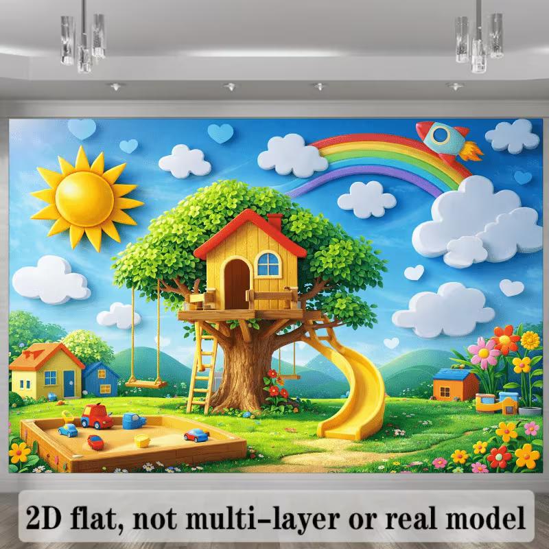 2D Rainbow Tree House Backdrop, Kids Playground Themed Background for Baby & Toddler Party Decor