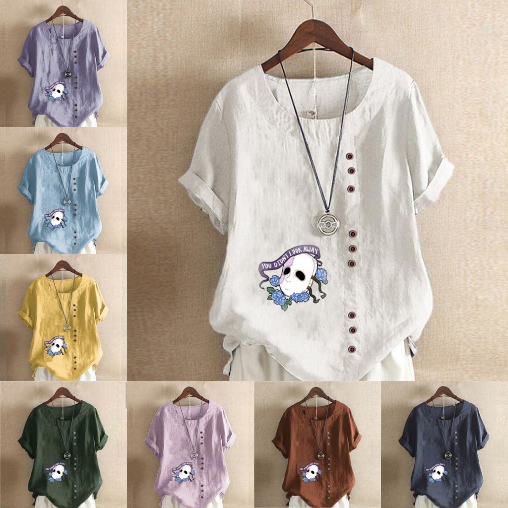 Women's Fashion Round Neck Short Sleeve T-shirt Casual Cotton Linen Graphic Shirt White Mask Prined Summer Blouse Tops Plus Size
