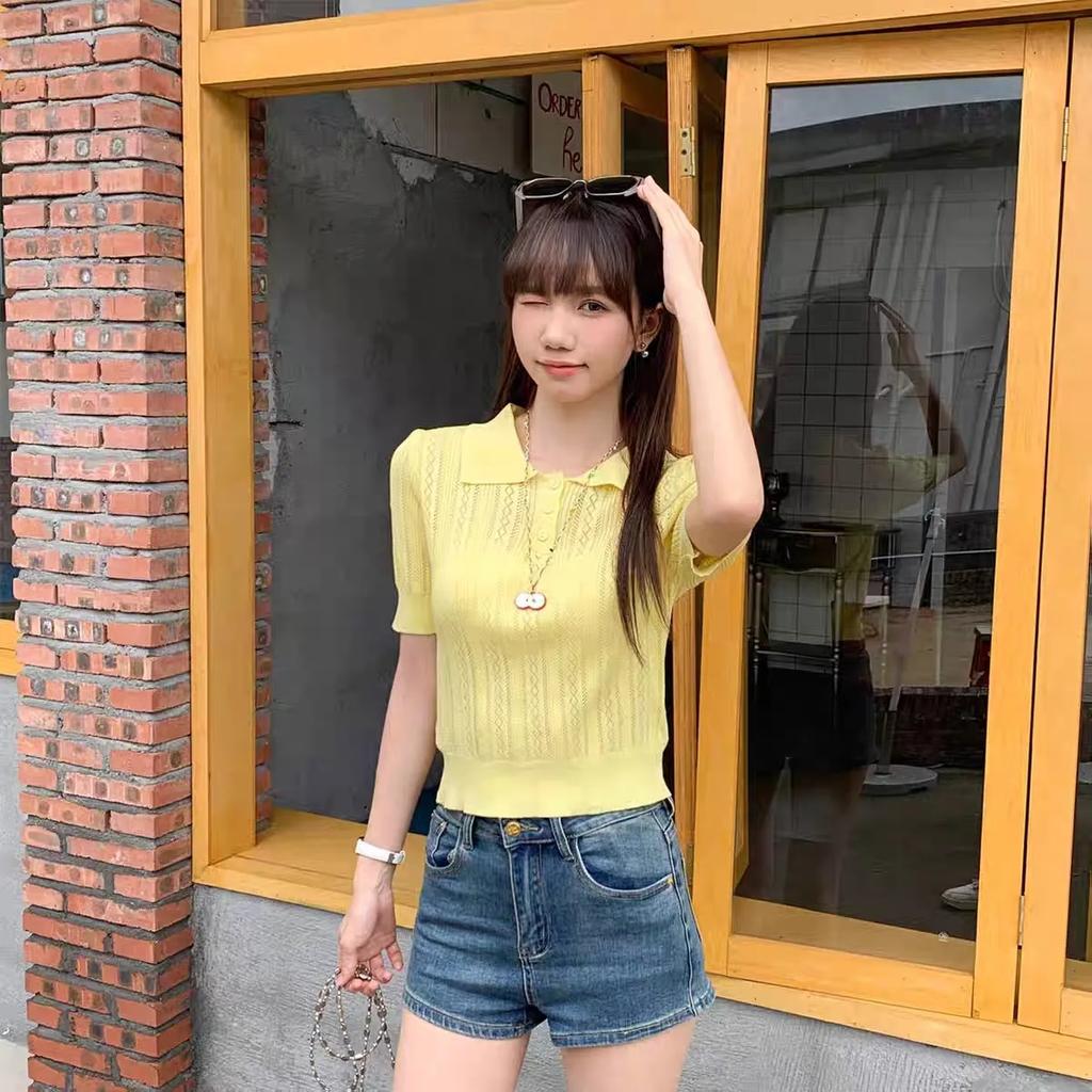 Solid Knitted T-shirts Hollow Out Thin Spring Summer Sweet T Shirt for Women Korean Elegant Top