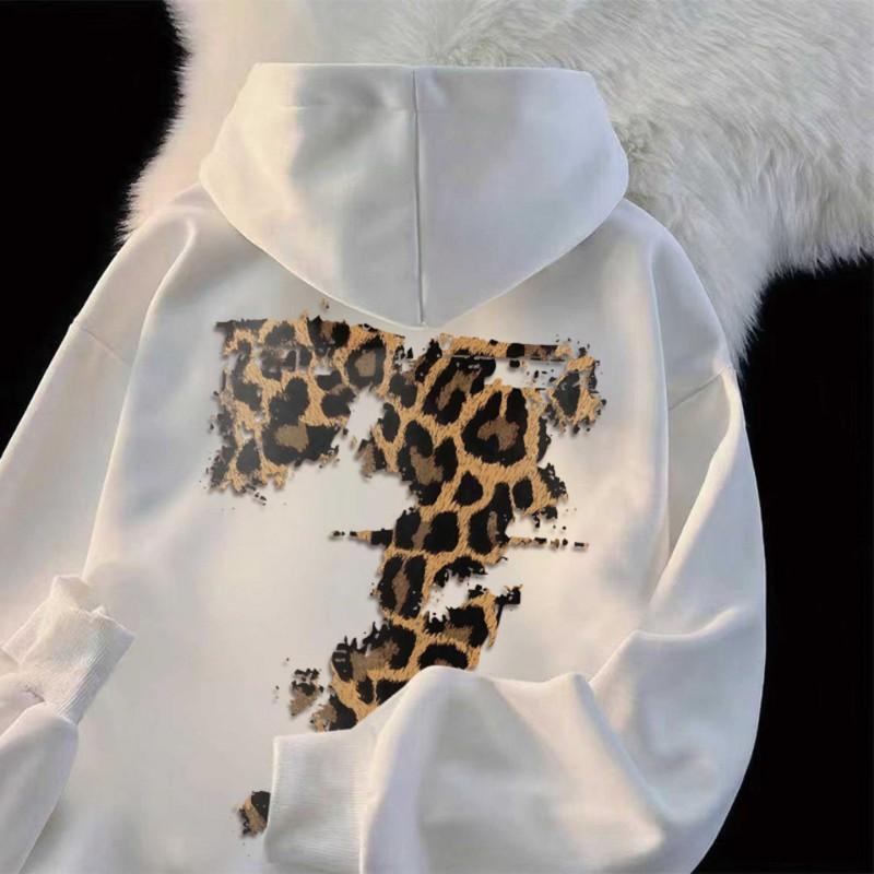 Felpa Oversize con Cappuccio Stampa Leopardo Grafica con Lettere Dettagli Usurati Calda per l'Inverno Fodera in Pile Unisex Streetwear