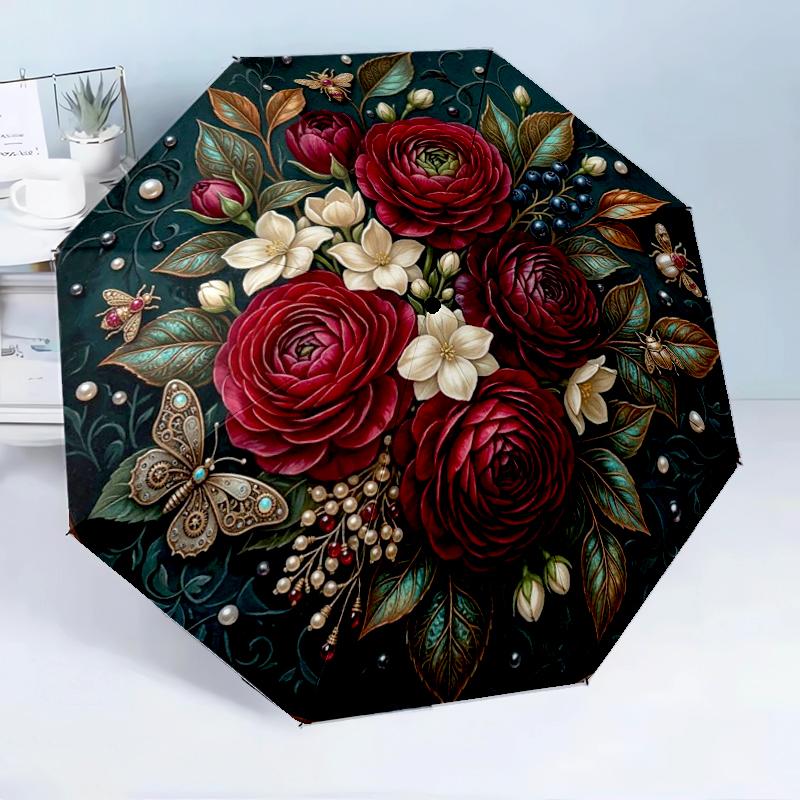 Roses And Berries Design 8-Frame for Travel, Camping, Casual Lightweight Portable Umbrella, Essential for Every Family Holidays Birthday Gift