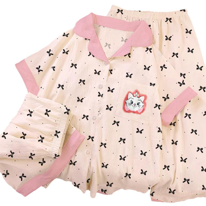 French Mary Cat Cloud Cotton Pajamas Women'S Summer Bow Short Sleeve Loungewear Three-Piece Set