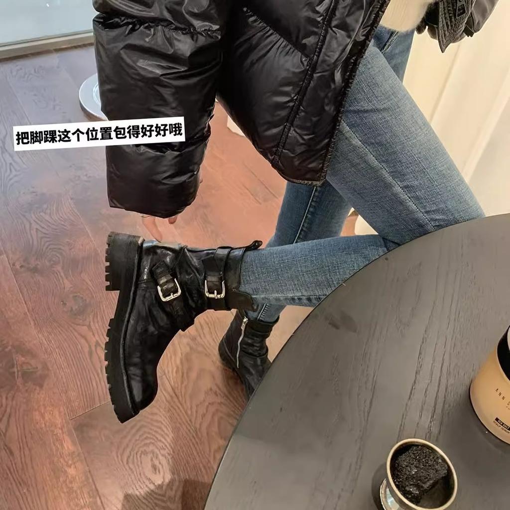 Spot Second Hair! Fashion Versatile New Washed Shrinkage Horse Leather Buckle with Side Zipper Thick Heel Martin Short Boots Women's Autumn