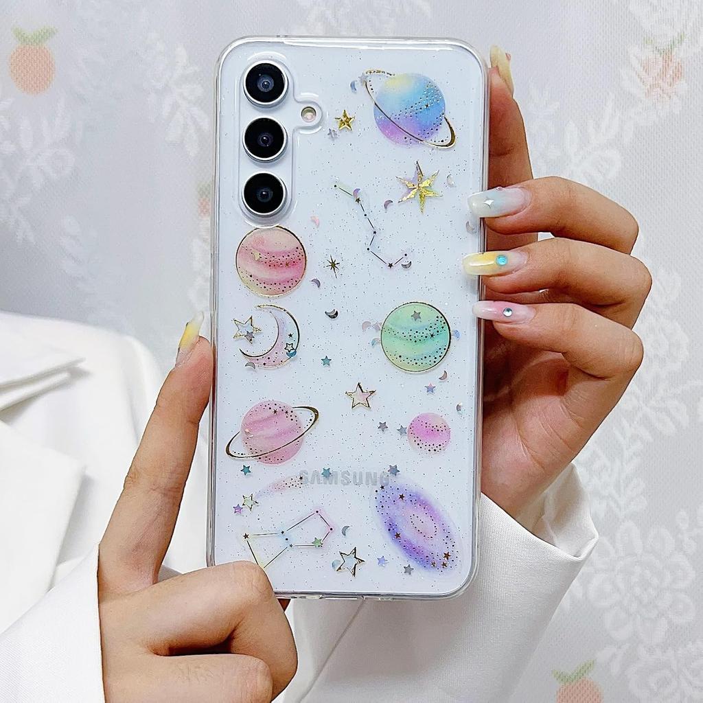 Compatible for Samsung Galaxy A15 4G / 5G Case, Cute Clear Cases with Design Stars and Moon Bling Glitter Planet Aesthetic Silicone Shockproof Cover