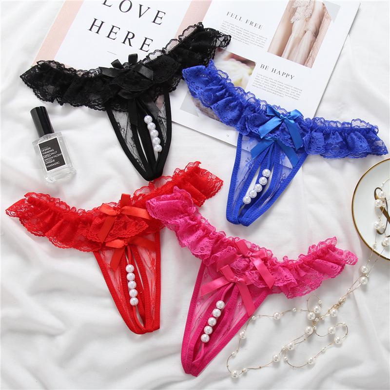 Lace Crotchless Pearl Thong - Sexy Transparent T-Pants, Plus Size, Erotic Open Crotch.
