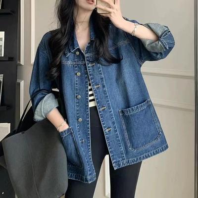 Spring and Autumn Women's Simple Casual Loose Denim Jacket Large Pockets Retro Turn Down Collar Long Sleeve Jacket Coats