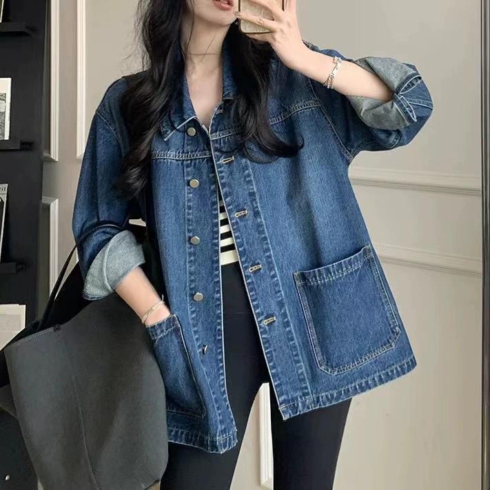 Frühlings- und Herbst Damen Einfache Lässige Lockere Jeansjacke Große Taschen Retro Umlegekragen Langarm Jacke Mäntel