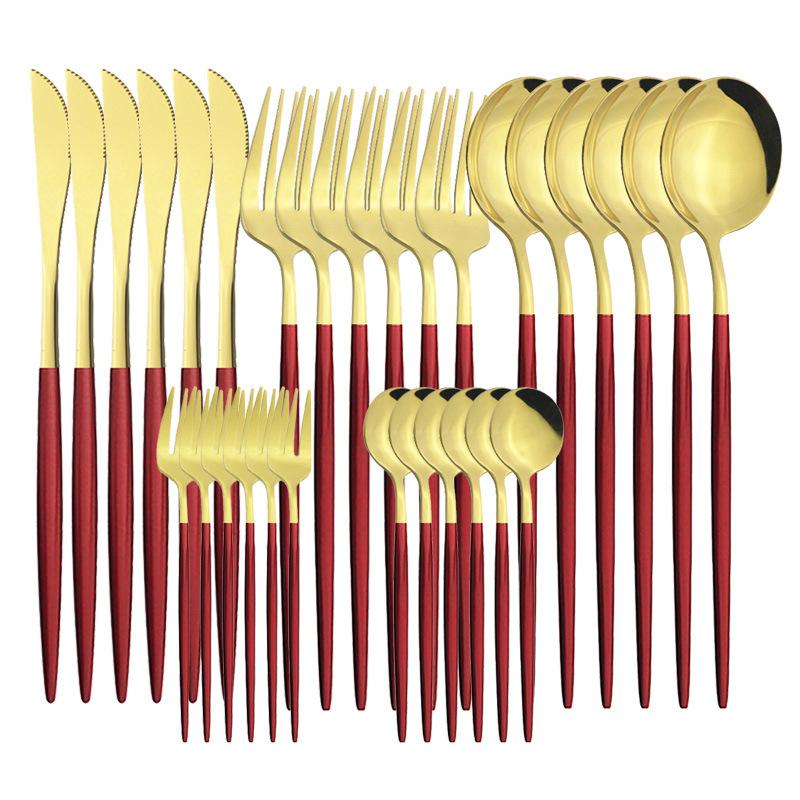 30Pcs Matte Gold Black Handle Tableware Set Stainless Steel Dinnerware Knife Fork Spoon Western Flatware Wedding Cutlery Set