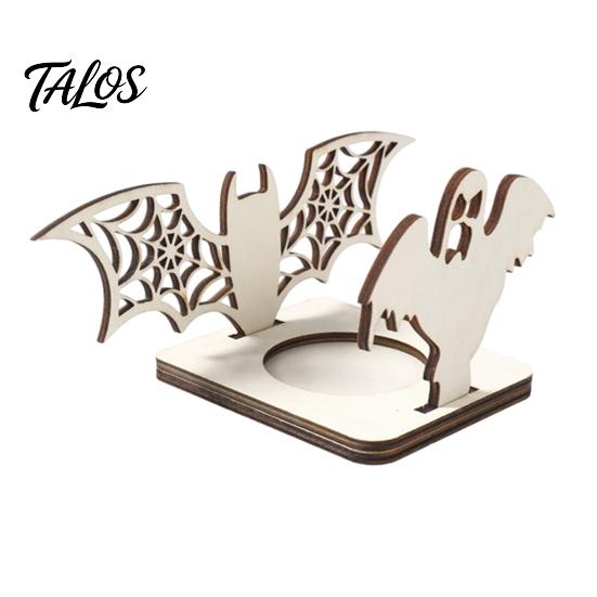 Spooky Atmosphere Tabletop Light Halloween Candle Holder, Pumpkin Bat Shadow Tealight Unique Hollowed Craft Gift Vintage Wooden Candlestick
