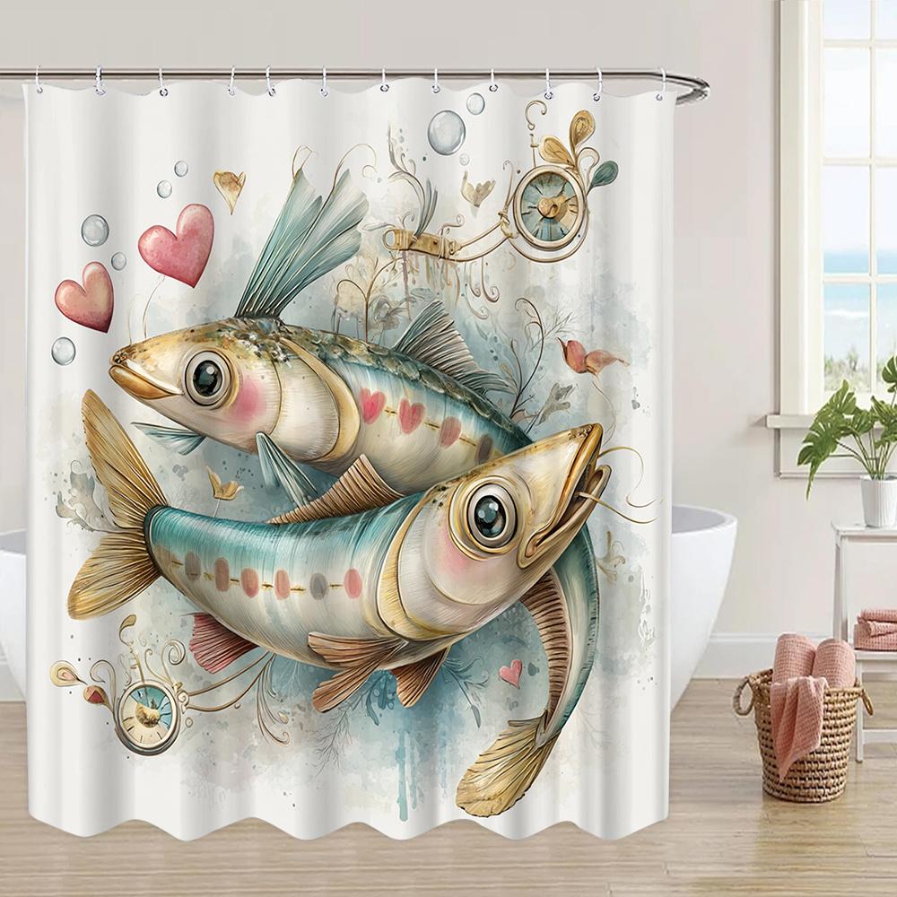 1Pc Romantic Fish Shower Curtain - 70.8X70.8 Inch Polyester Fabric With 12 Hooks, Cute Fish & Heart Design, Machine Washable