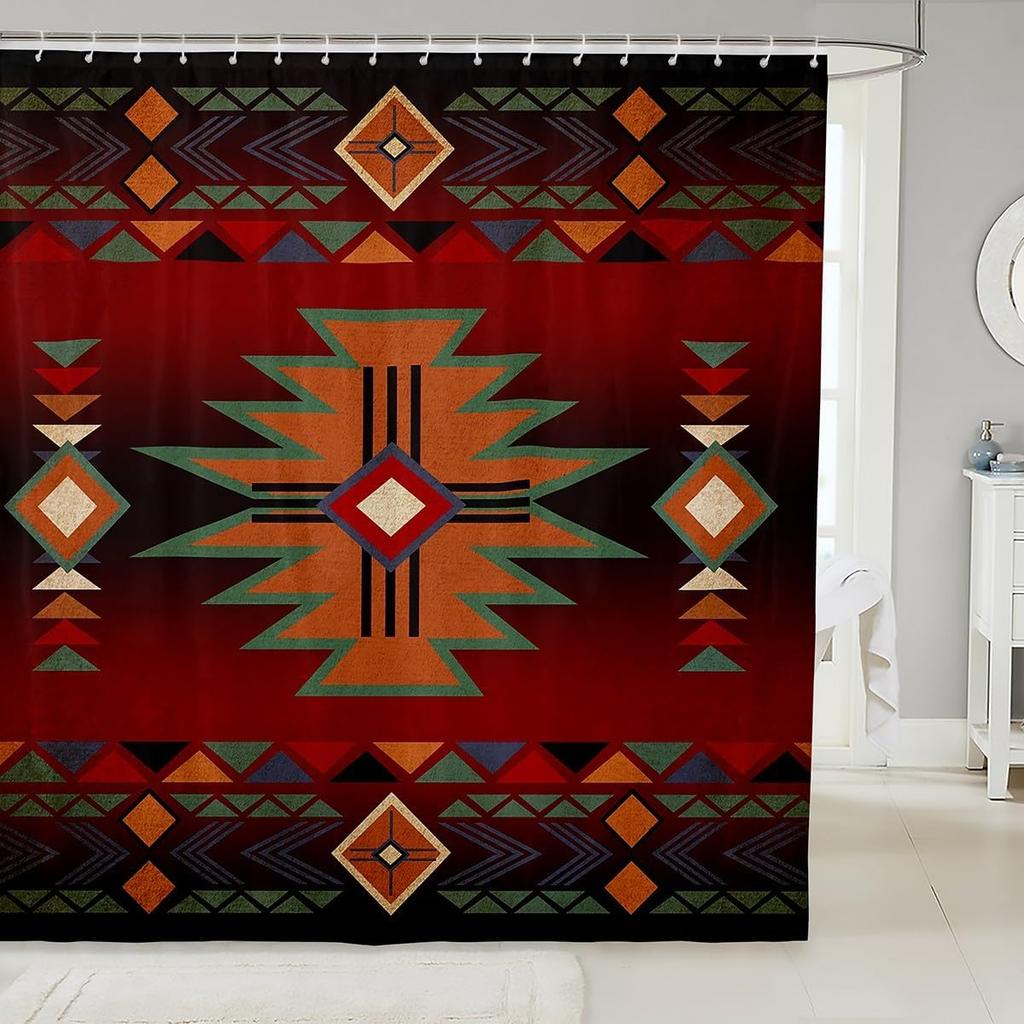 Southwest Shower Curtain, Geometric Aztec Tribal Pattern Bathroom Curtain Vintage Striped Western Waterproof for Kids Girls