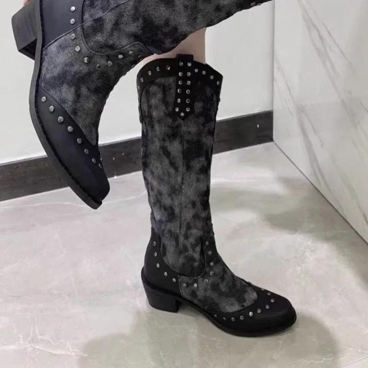 

Дизайнерские ковбойские сапоги женские сапоги до колена осенние новые сексуальные массивные туфли с принтом модные готические челси мотоциклетные ботинки женские 35