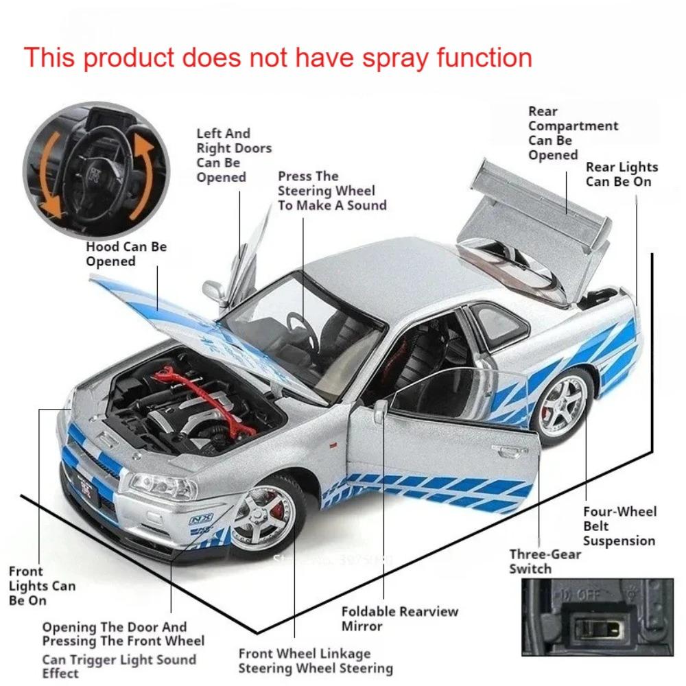 1:24 Scale GTR Track Version R34 Car Model Toy Doors Opened Sound Light Shock Absorption Vehicle Models Boys Christmas Gifts