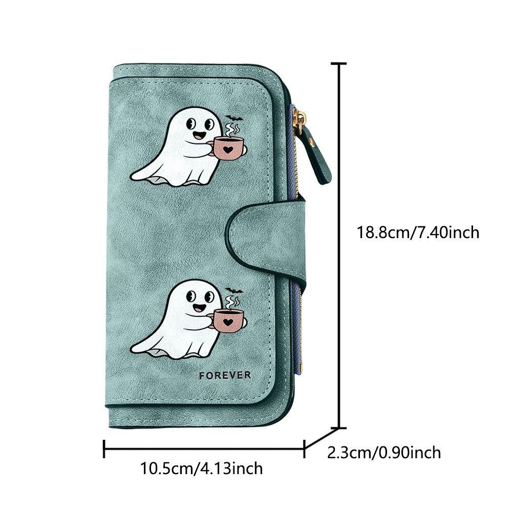 Cute Ghost Pattern Coffee Color Long Zipper Wallet Large Capacity Card Holder Unisex Clutch Bag Fashionable Zipper Coin Purse Perfect for Daily