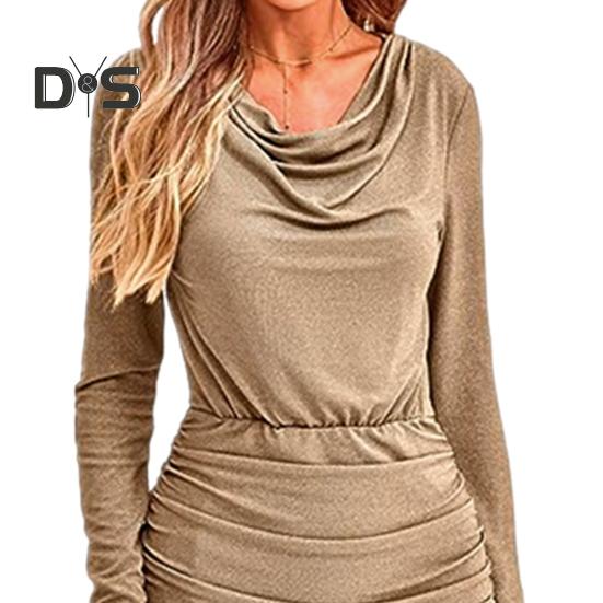 Women Short Dress Piled Neck Long Sleeves Pleated Pure Color Slim Fit Sheath OL Commuting Party Prom Mini Dress Evening Events