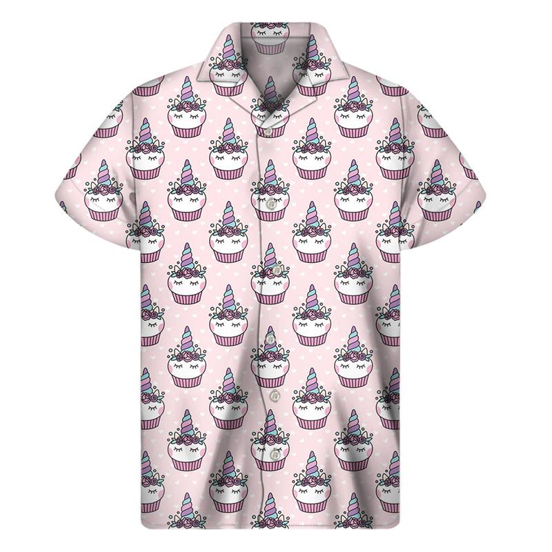 Camicie Hawaiane Grafiche con Cupcake Cartoni Animati da Uomo Camicia a Revers con Cibo Estiva Street T-shirt Larghe Bottoni Maniche Corte Blusa